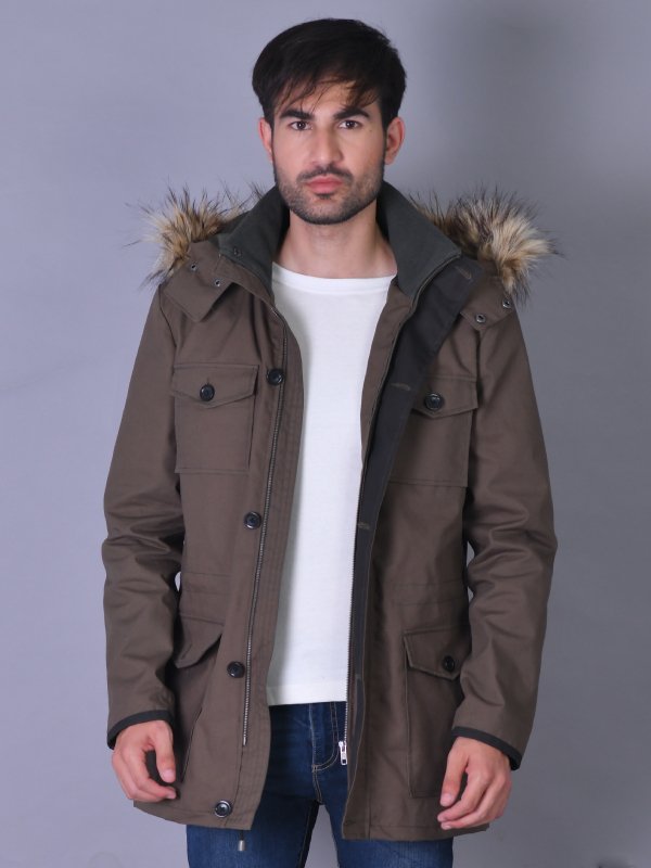 Brown Cotton Fur Hooded Jacket