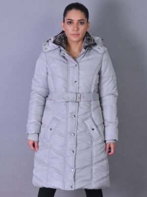 Grey Puffer Hooded Long Jacket