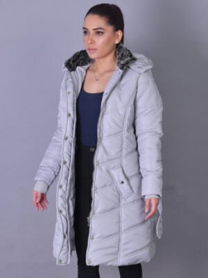 Grey Puffer Hooded Long Jacket